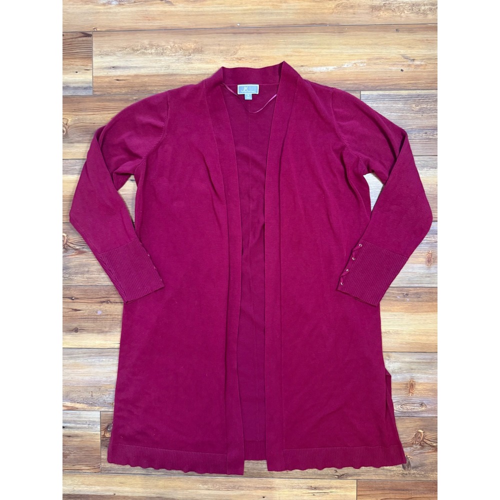 JM Collection Womens 1X Berry Red Lace Up Cuff Open Front Longline Cardigan